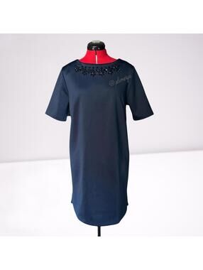 Cynthia Rowley Women's Navy Shift Dress Black Beaded Neckline Party Size 14